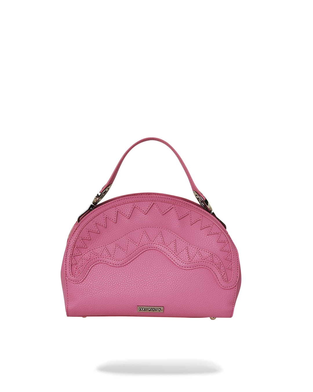Luxury shark handbag with metal studs and silver turnlock, showcasing designer craftsmanship.