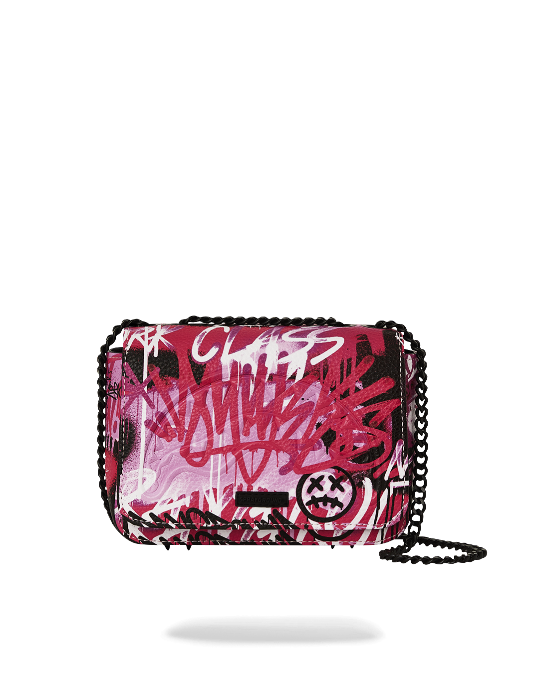 Front view of shark handbag with flap closure and metallic finish