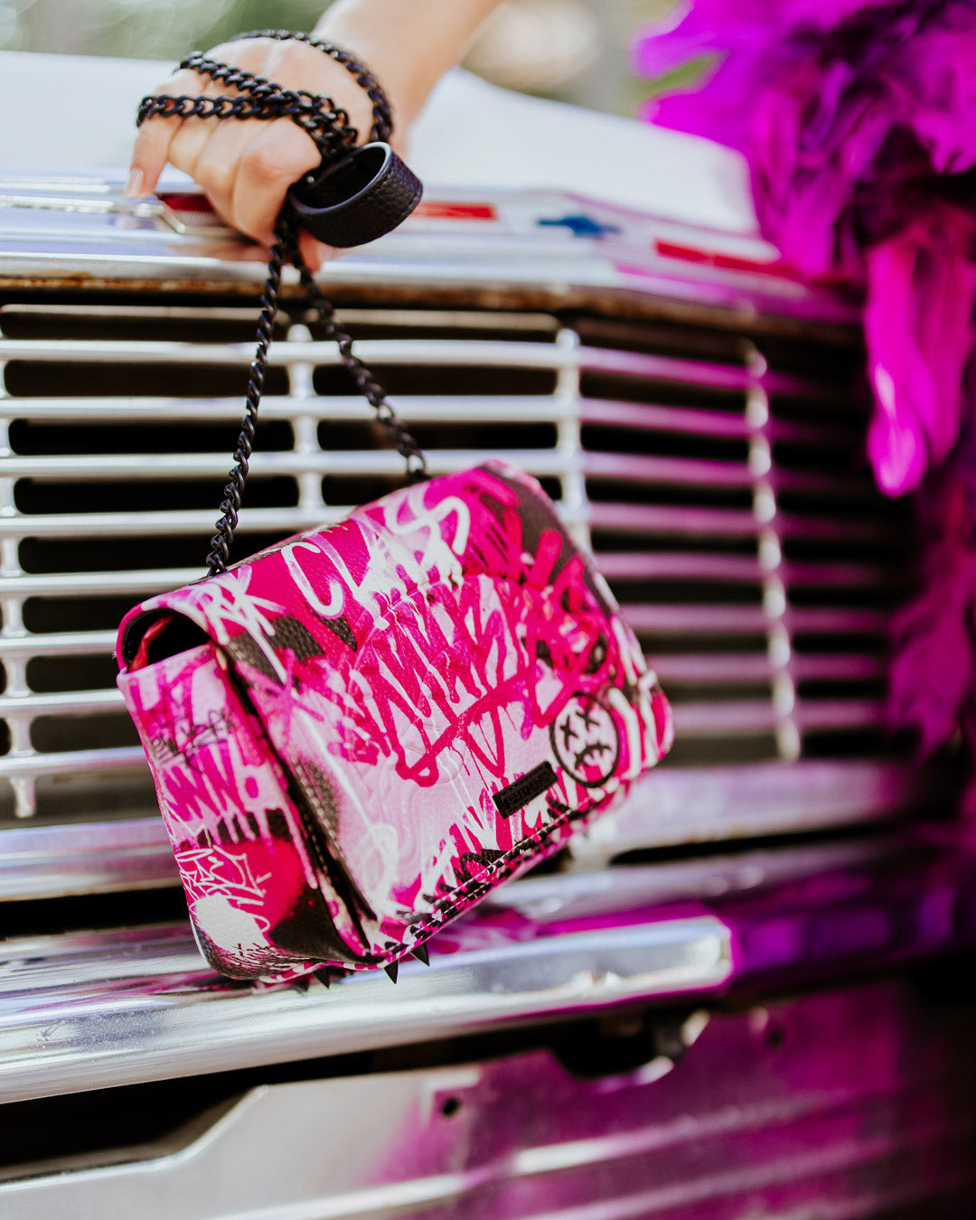 Model wearing handbag as crossbody during NYC rooftop event