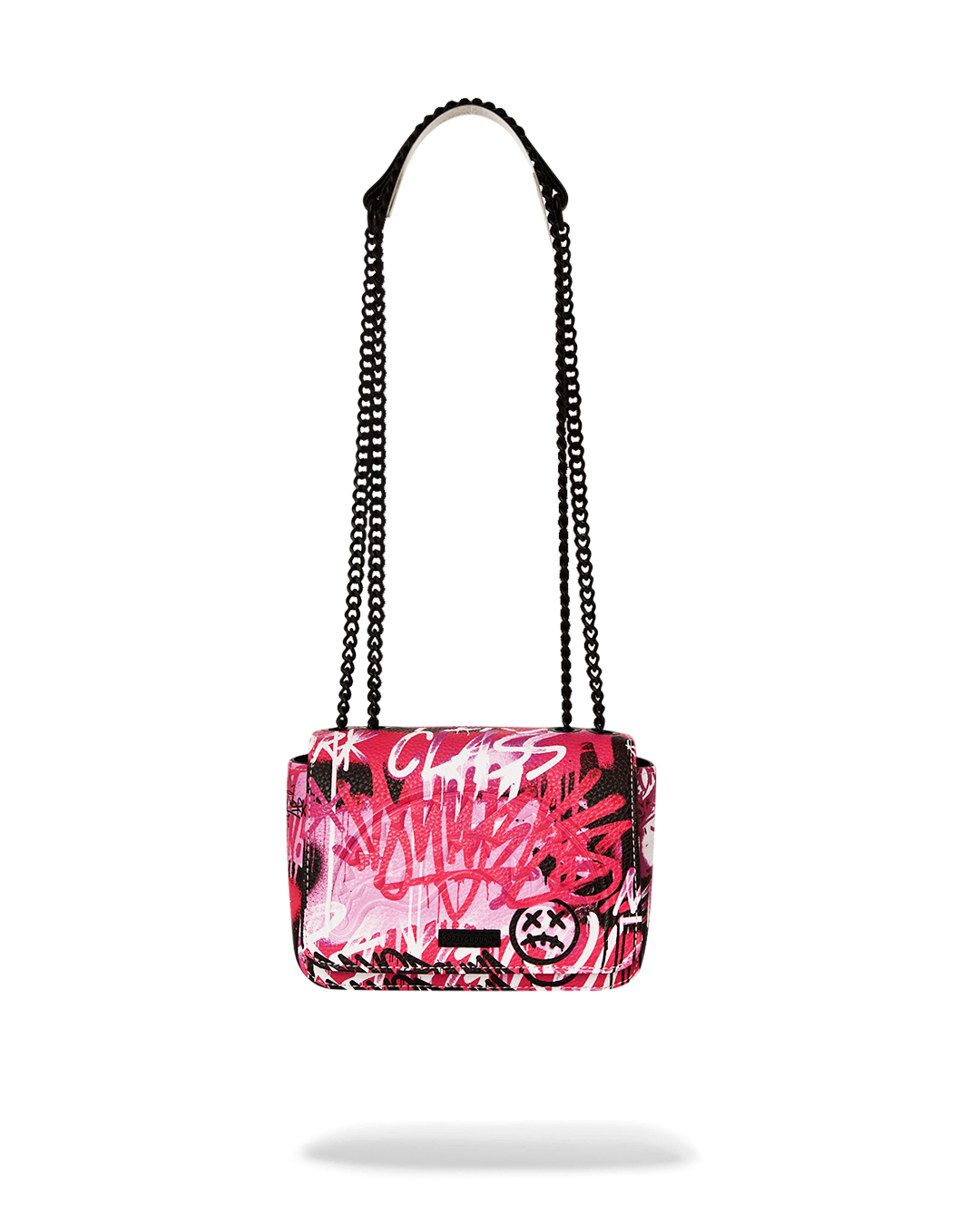 Front view of shark handbag with flap closure and metallic finish