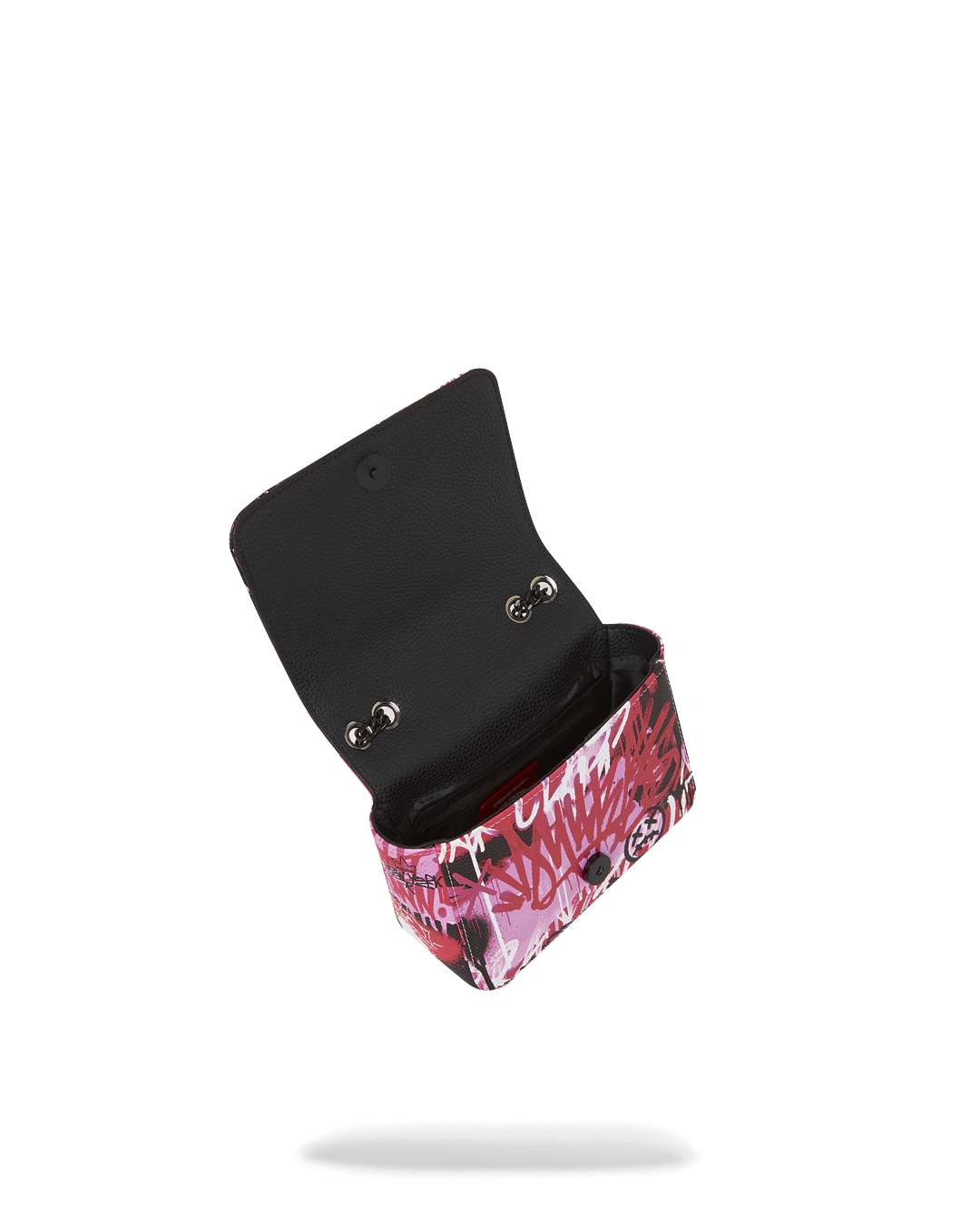 Front view of shark handbag with flap closure and metallic finish