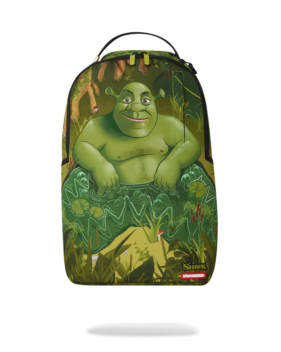 Front view of Shrek Swamp Jacuzzi backpack with zipper pockets.