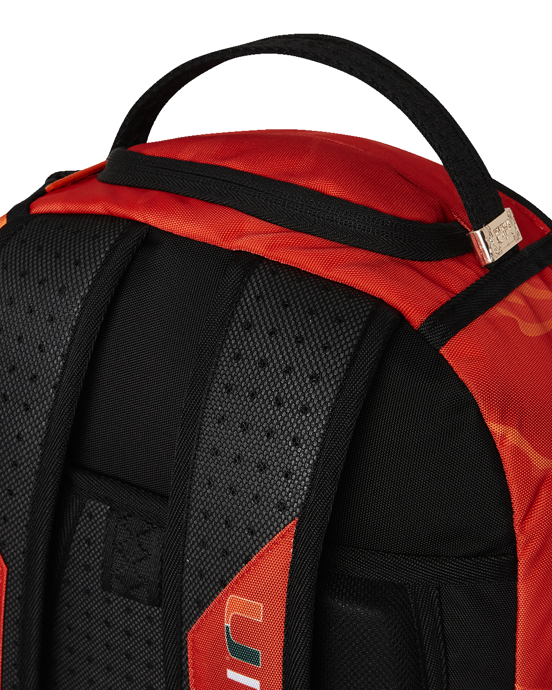 Front view of the University of Miami Clap Back DLXSR Backpack with gold zippers and logo badge