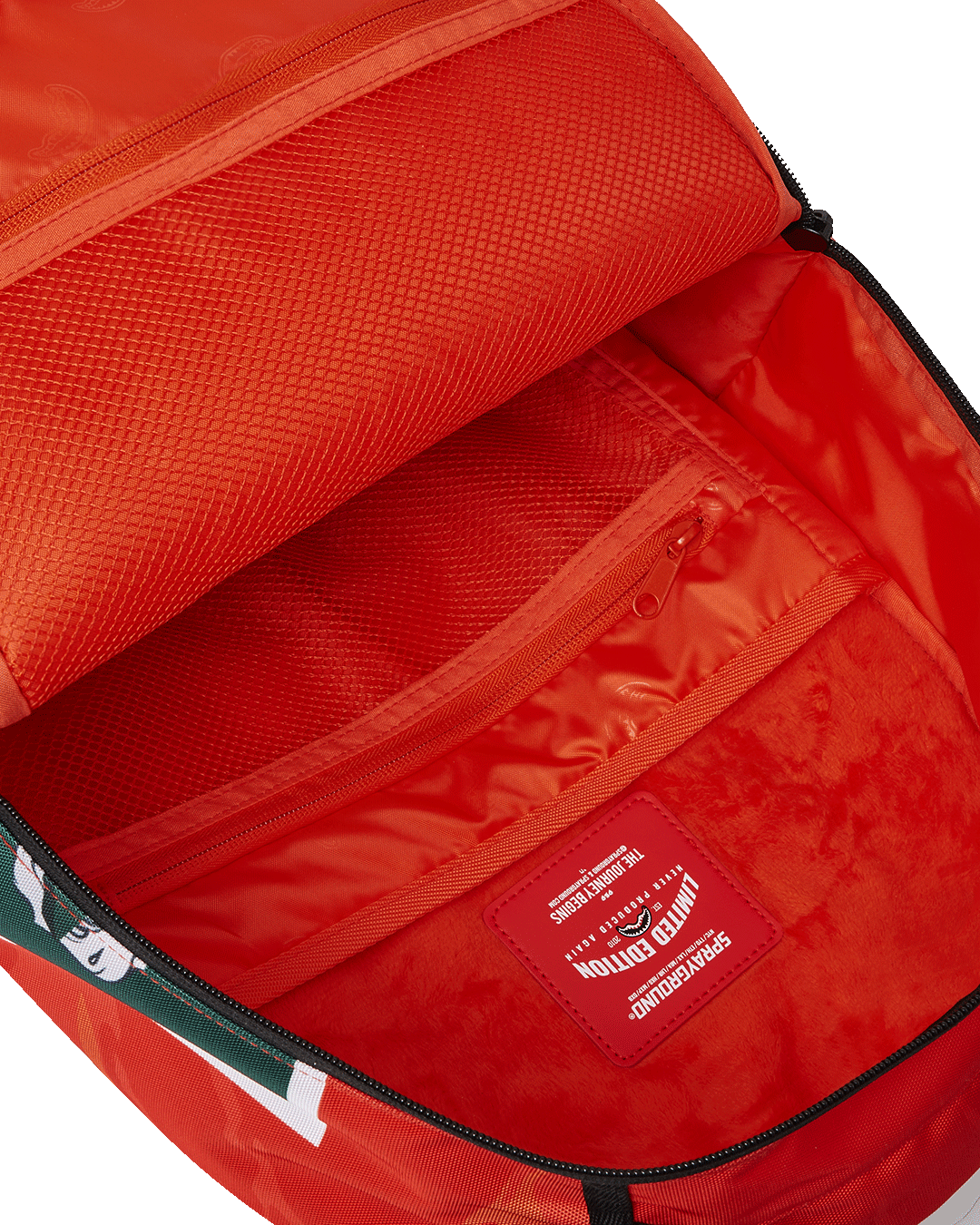 Interior shot showing the velour laptop compartment and mesh organizer pocket