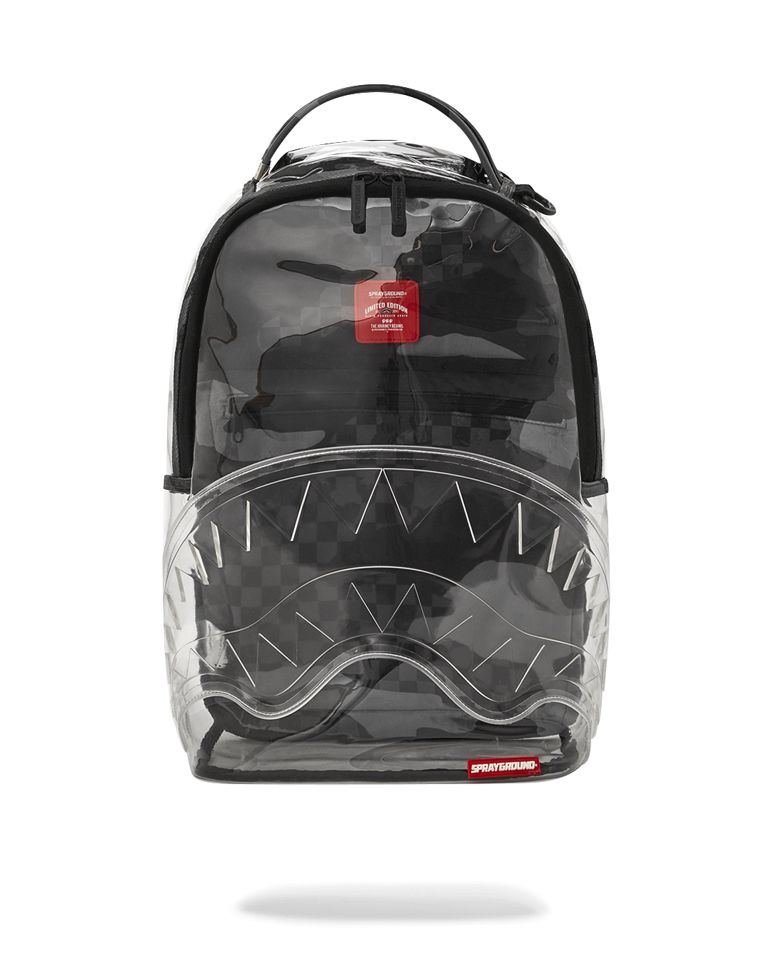 Close-up of the clear vinyl backpack showing its water-resistant exterior and pink accents