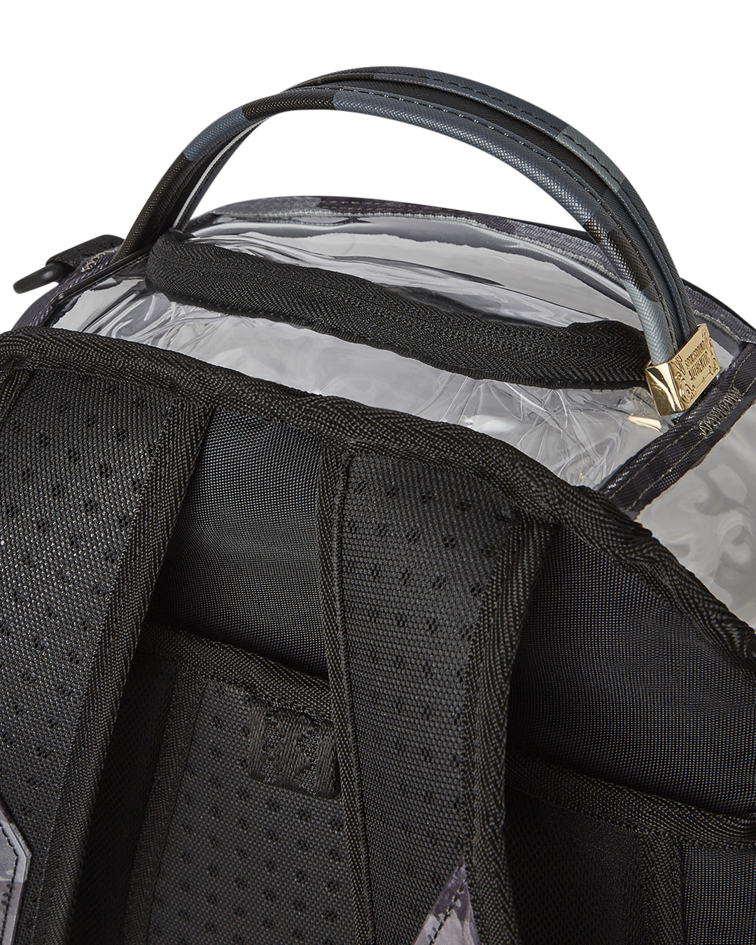 Side view of the transparent backpack with adjustable straps and side pockets
