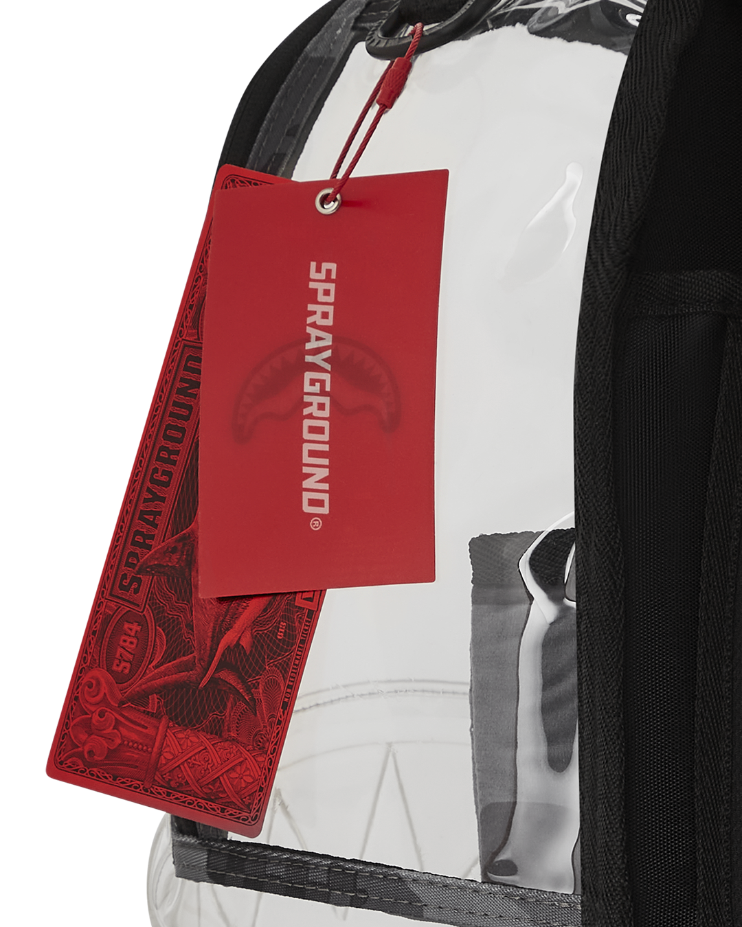 Side view of the transparent backpack with adjustable straps and side pockets