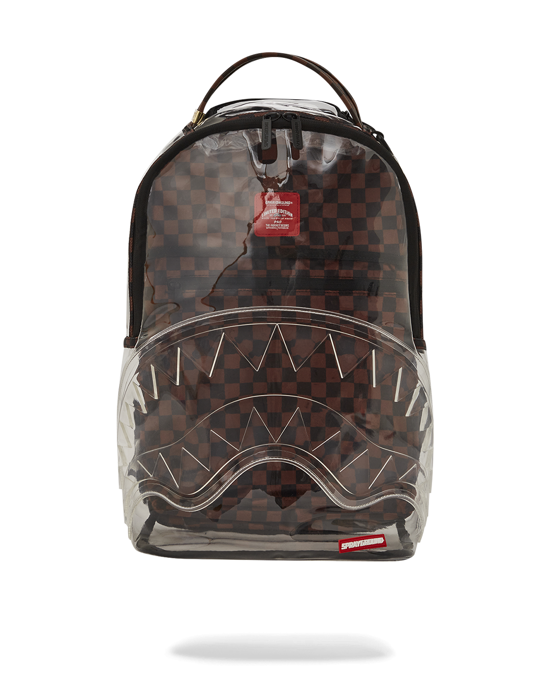 Clear DLX backpack front view, highlighting its clear vinyl fabric and front zipper pocket.