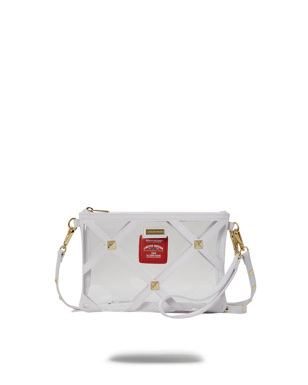 Front view of black crossbody purse resting on vintage café table
