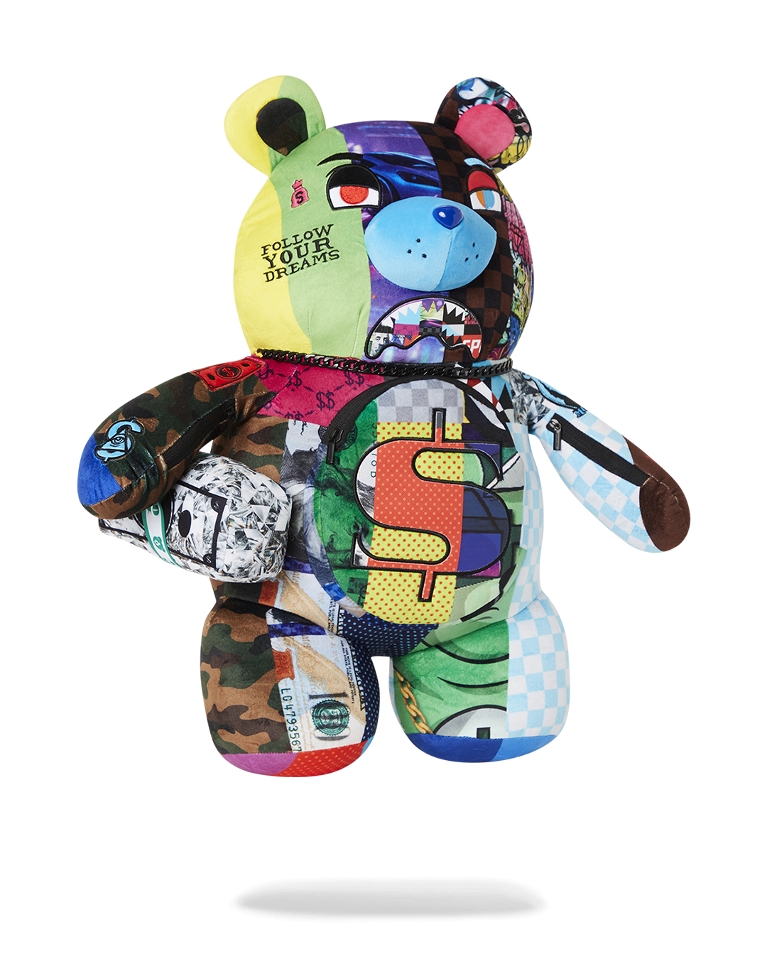 Back view highlighting the large zippered pocket of the teddy bear backpack.