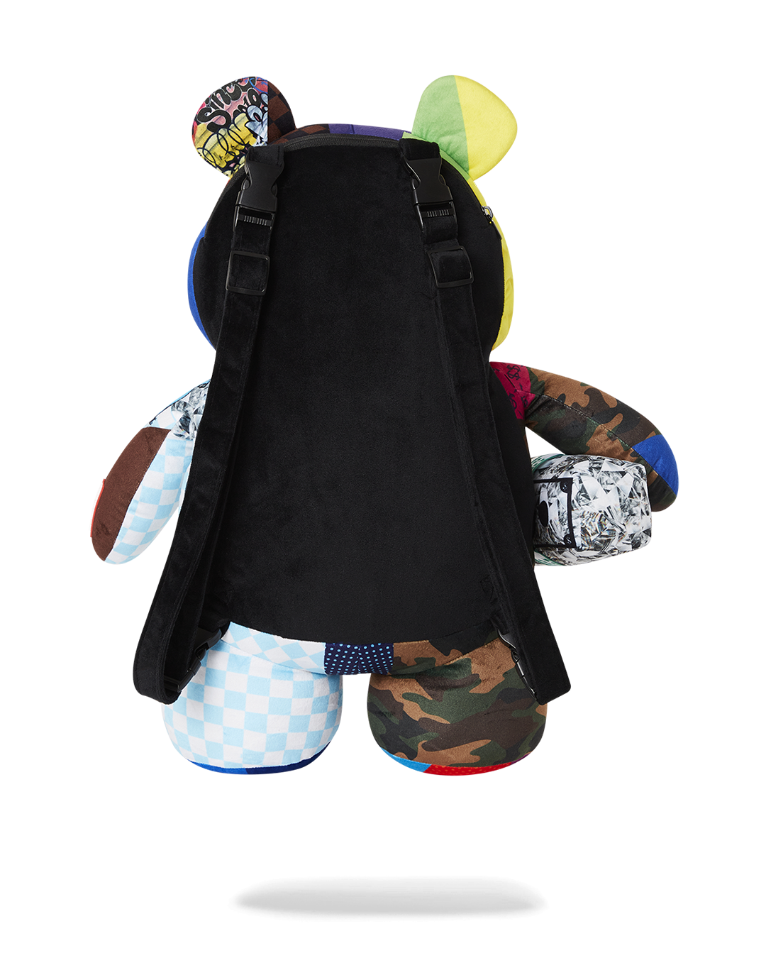 Side angle of limited edition teddy bear backpack, showing adjustable straps.