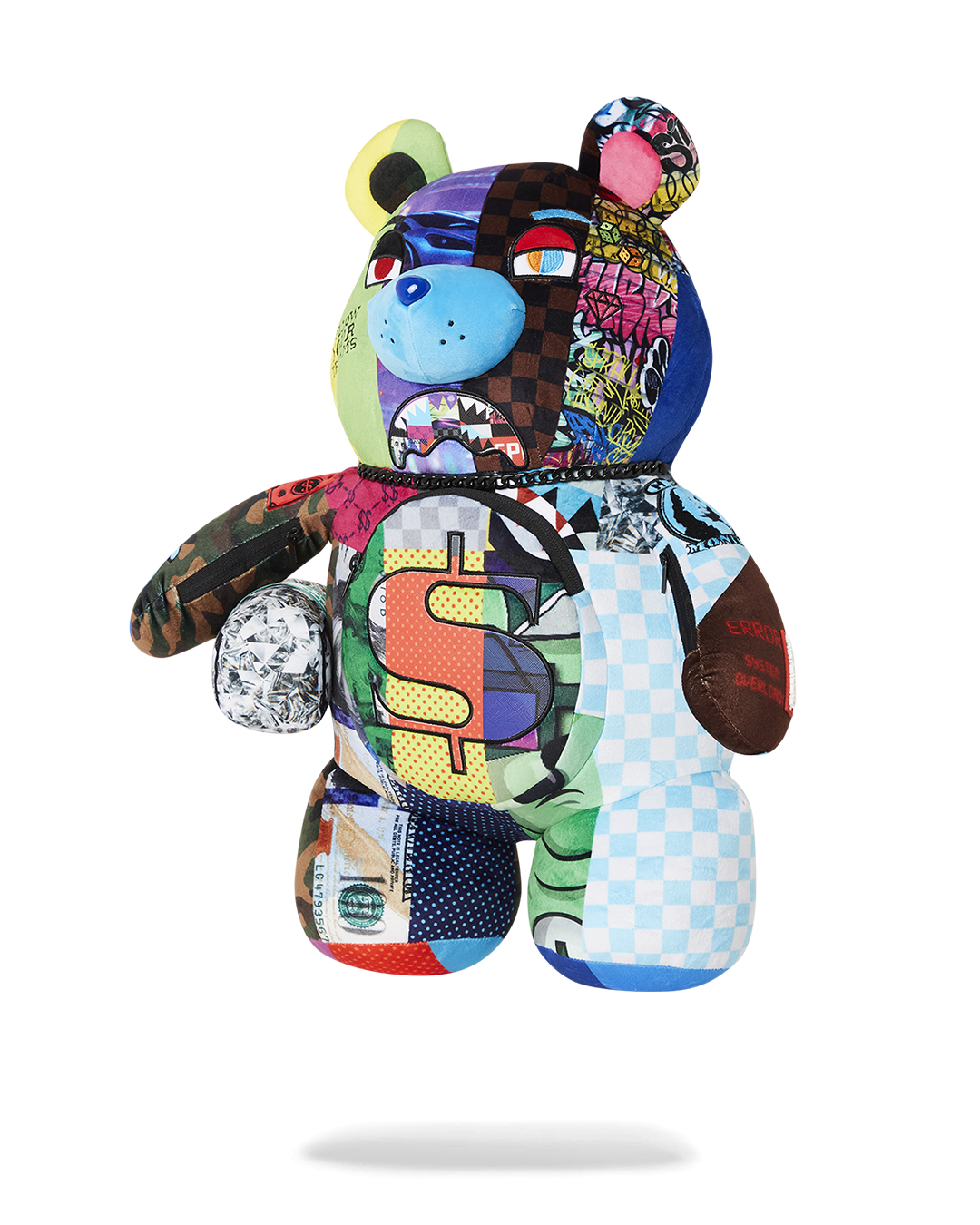 Front view of Sprayground teddy bear backpack with detailed pockets.