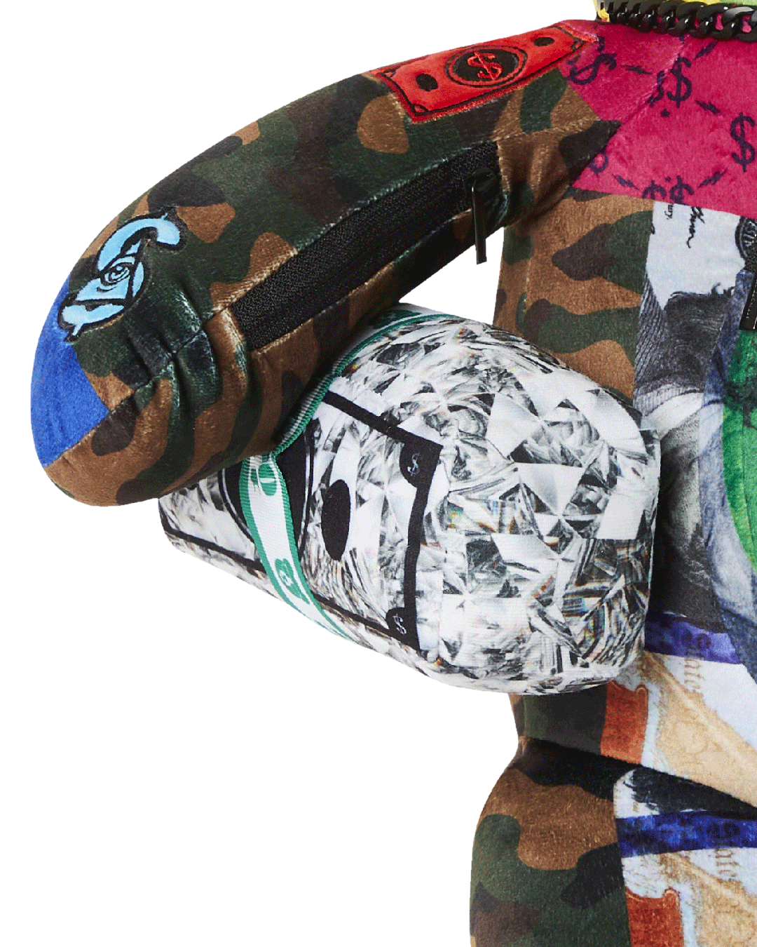 Back view highlighting the large zippered pocket of the teddy bear backpack.