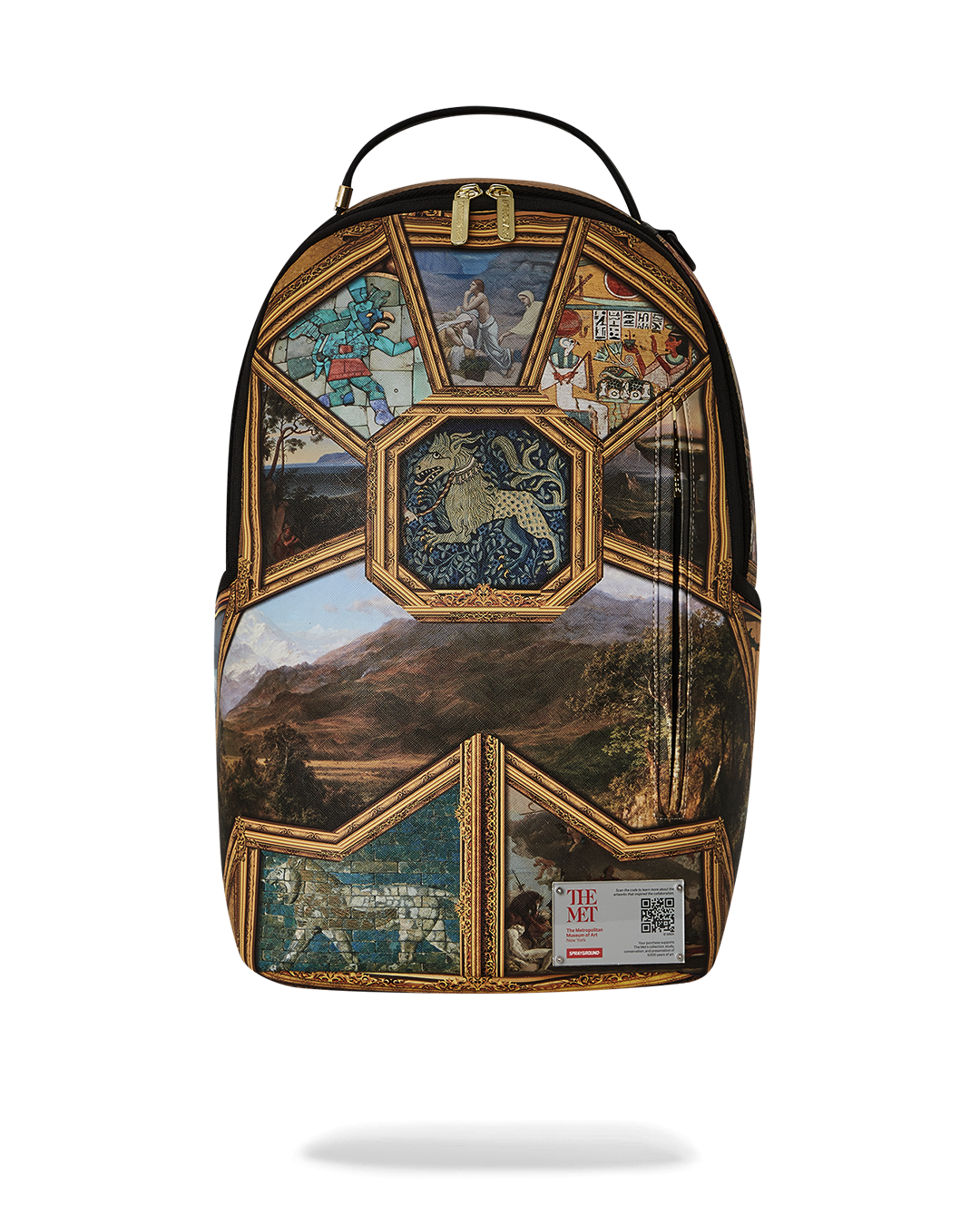 The Met Masterpiece Backpack with Sprayground shark design, showcasing faux leather material