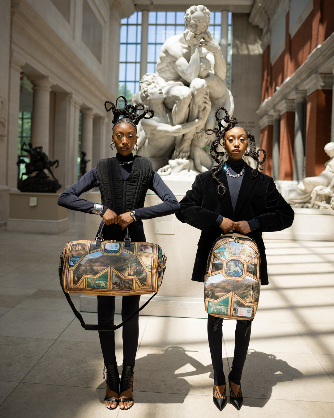 The Met Masterpiece Backpack with Sprayground shark design, showcasing faux leather material