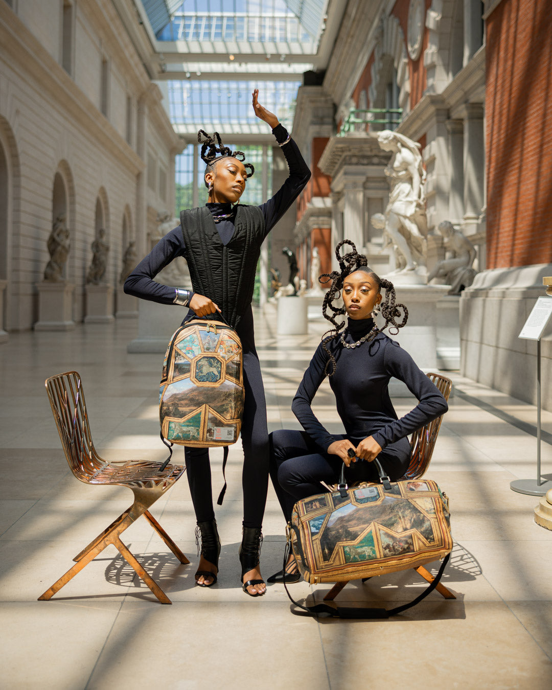 The Met Masterpiece Backpack with Sprayground shark design, showcasing faux leather material