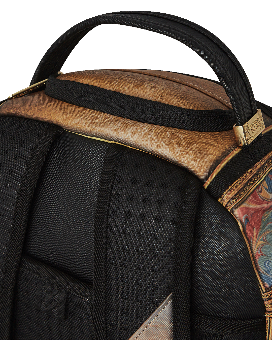 The Met Masterpiece Backpack with Sprayground shark design, showcasing faux leather material