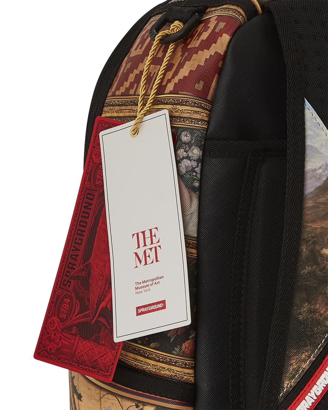 The Met Masterpiece Backpack with Sprayground shark design, showcasing faux leather material