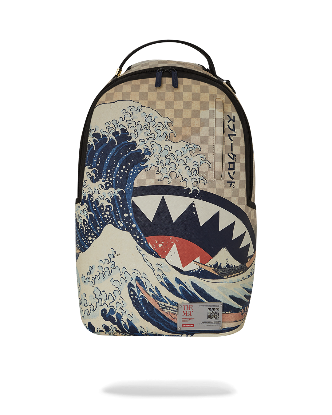 Front view of the Sprayground backpack pink featuring the Great Wave design.
