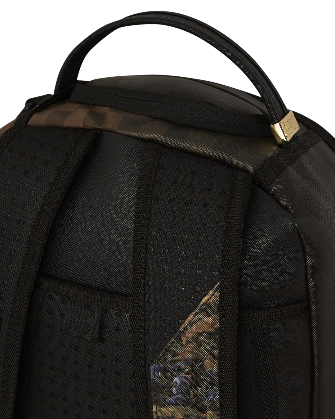 Side pocket of the backpack, highlighting its durable faux leather material.