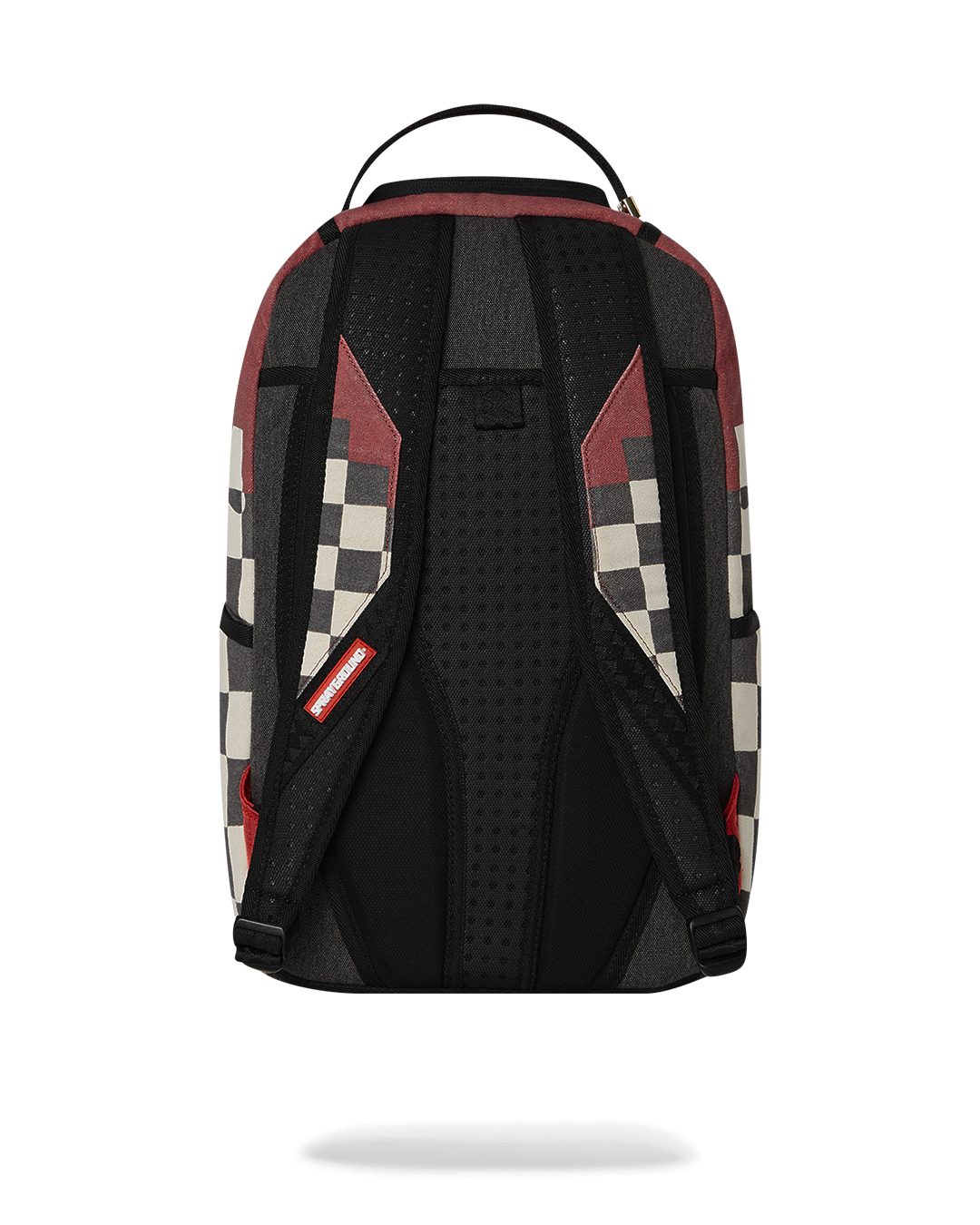 Front view of the Sprayground backpack showcasing the Inca checkerboard pattern and ruby-red details