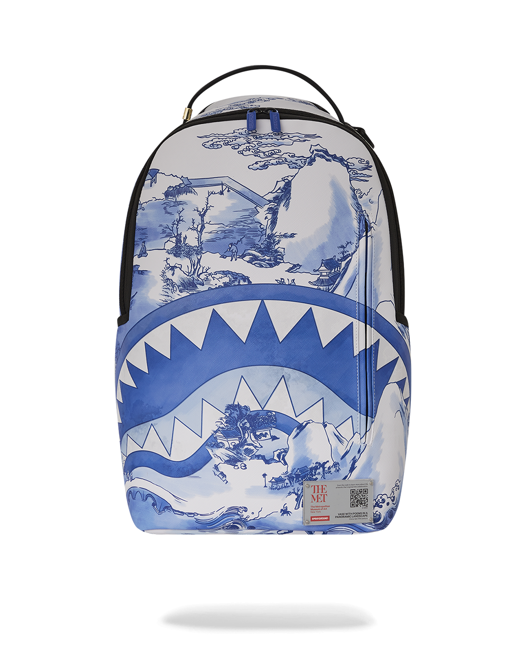 The Met Chinese Landscape Backpack front view, highlighting the Sprayground shark mouth and Chinese landscape design
