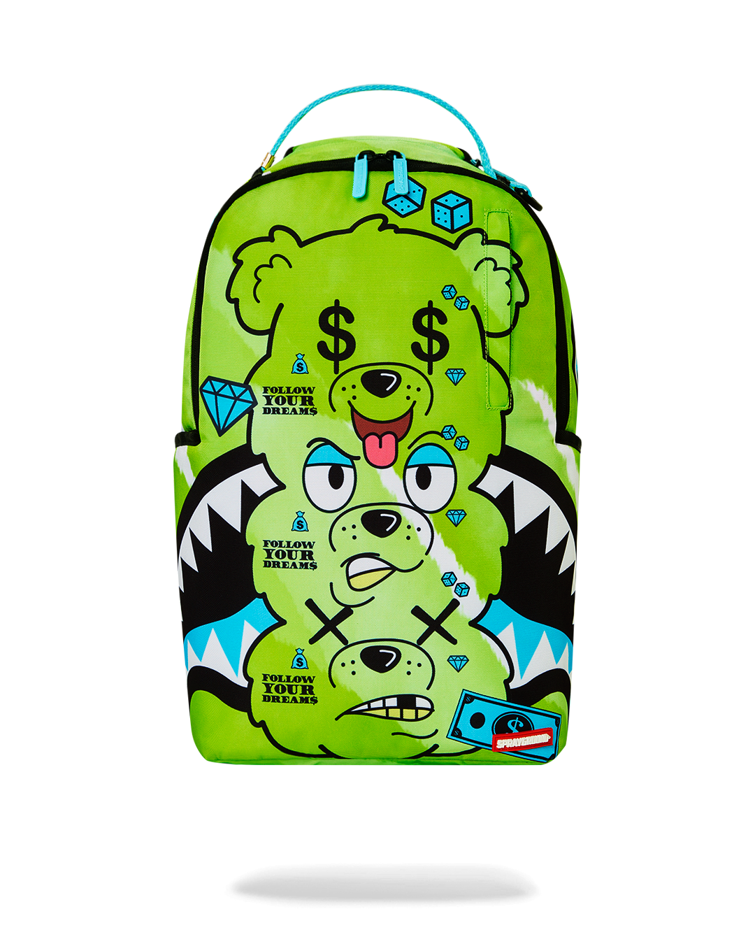 Front view of designer backpack showing gold zippers and front pocket