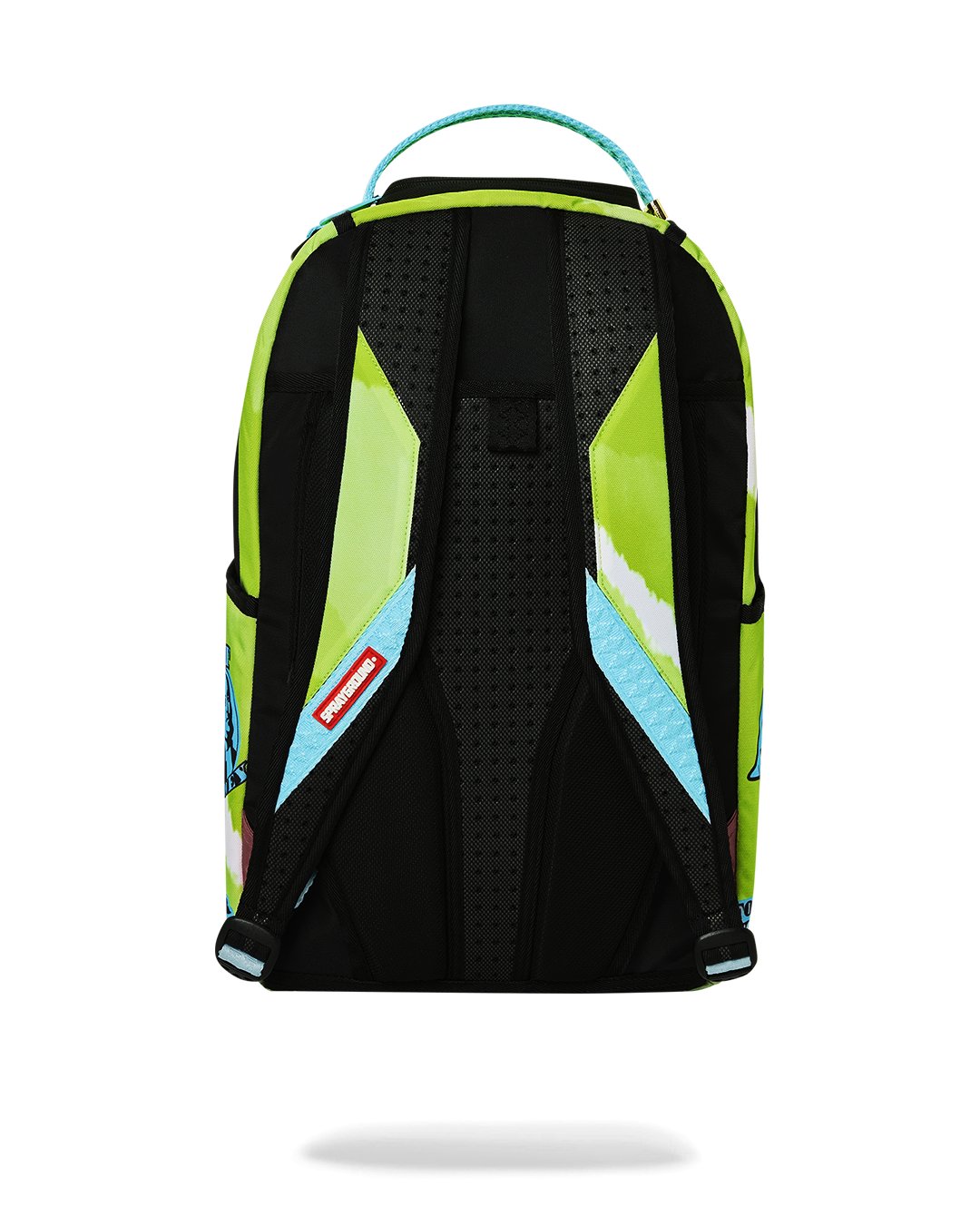 Front view of designer backpack showing gold zippers and front pocket