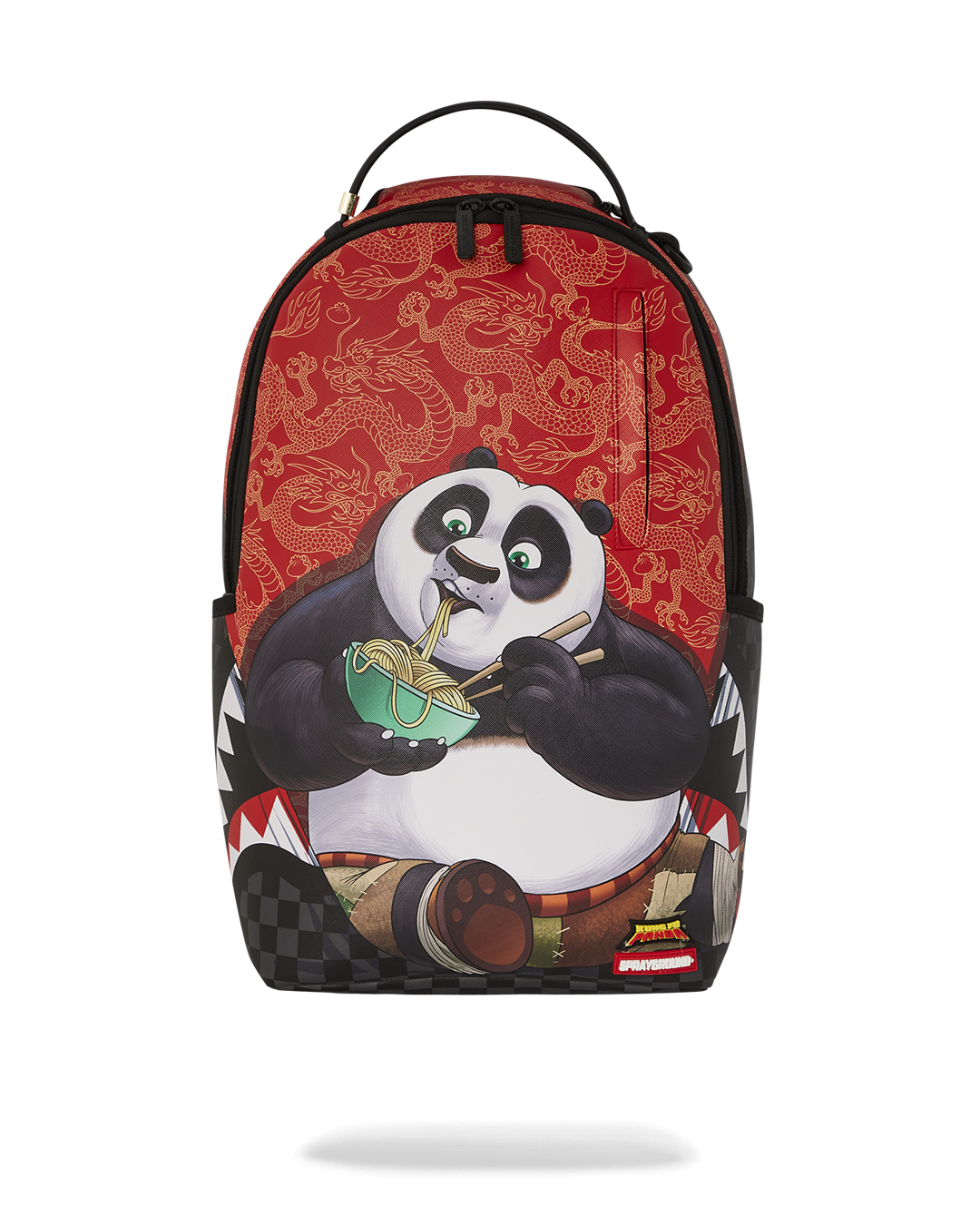Kung Fu Panda backpack in faux leather, showcasing front zipper pockets and gold hardware