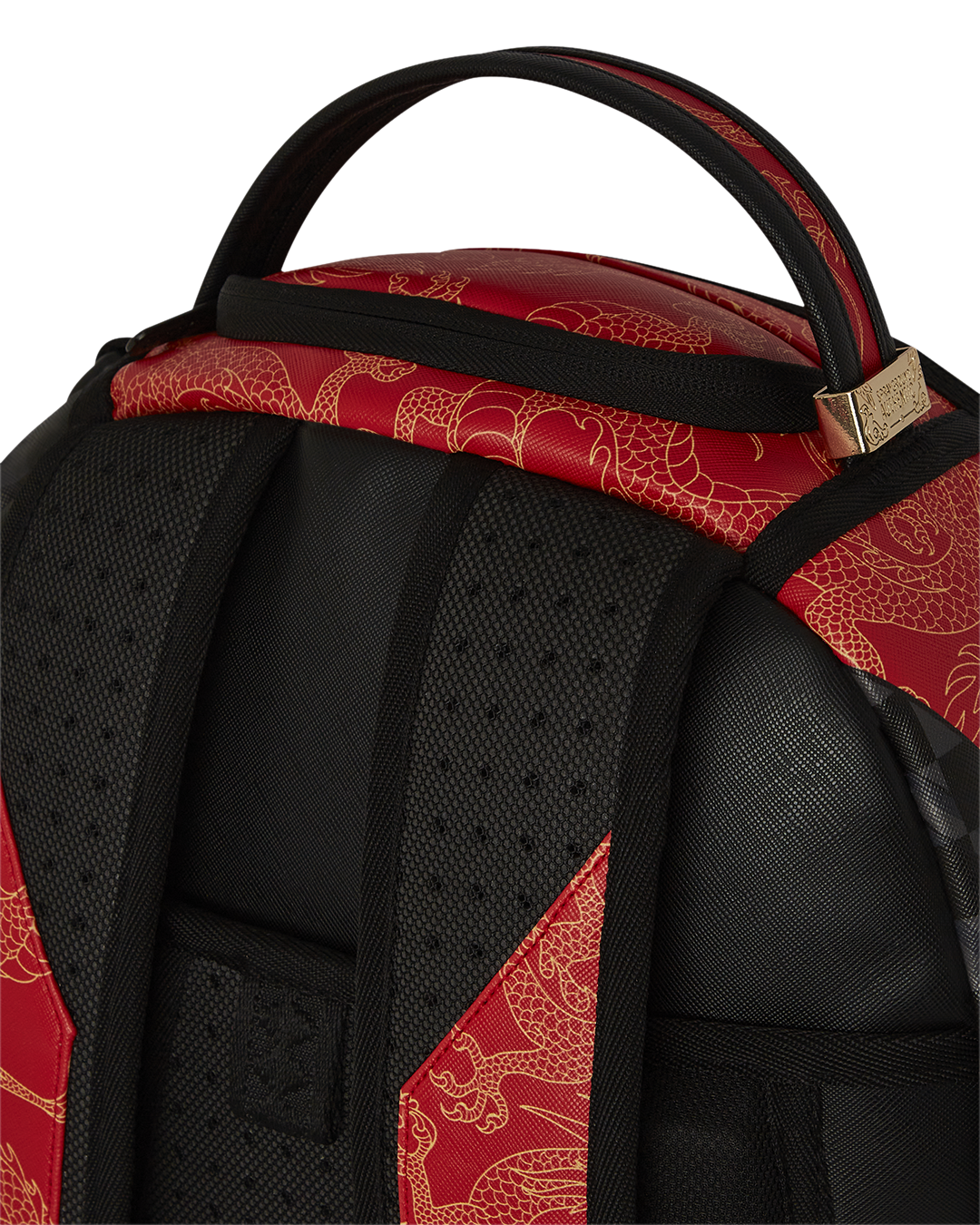 Kung Fu Panda backpack in faux leather, showcasing front zipper pockets and gold hardware