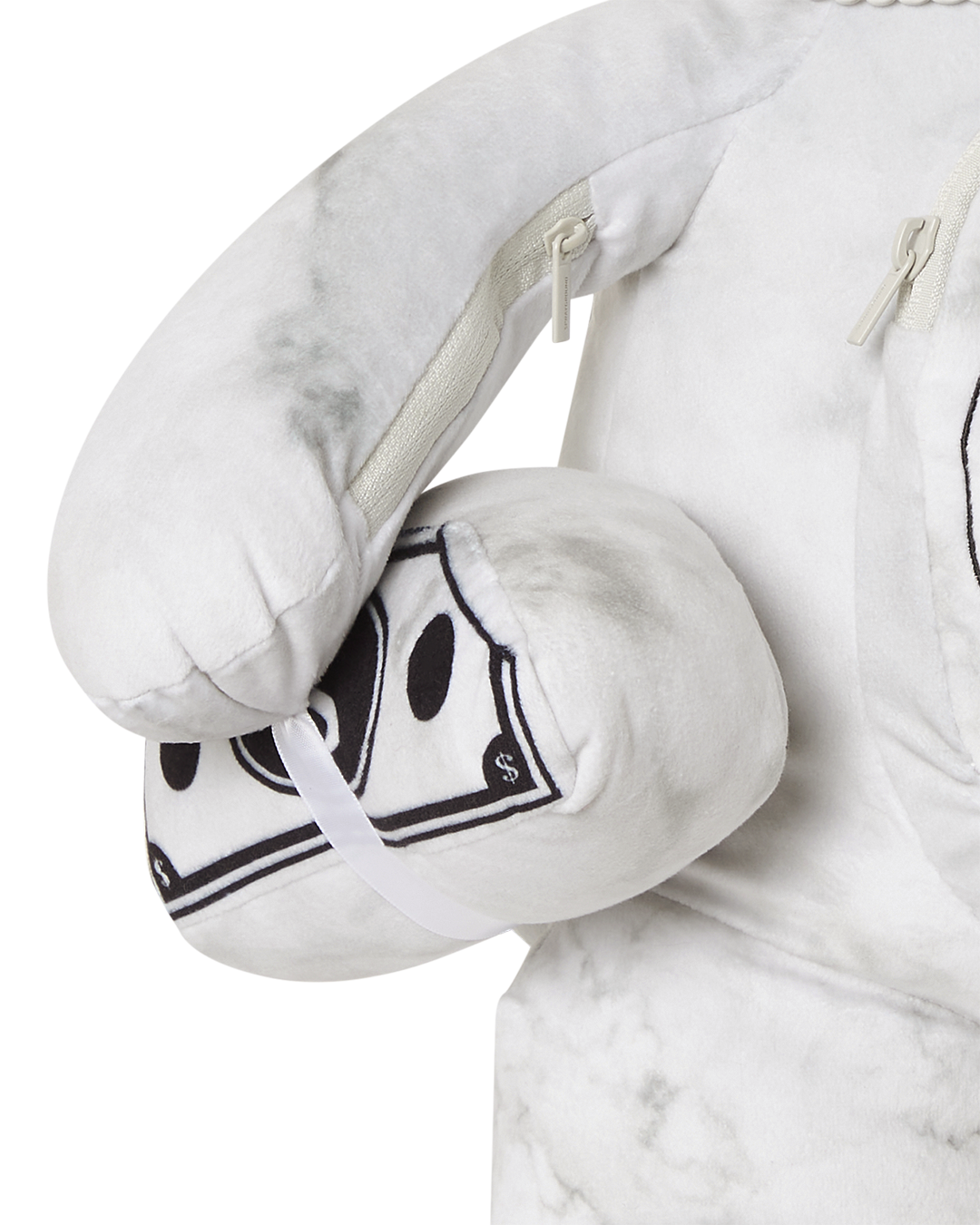 Side view of the Sprayground bear backpack, highlighting its zippered pockets and adjustable straps.