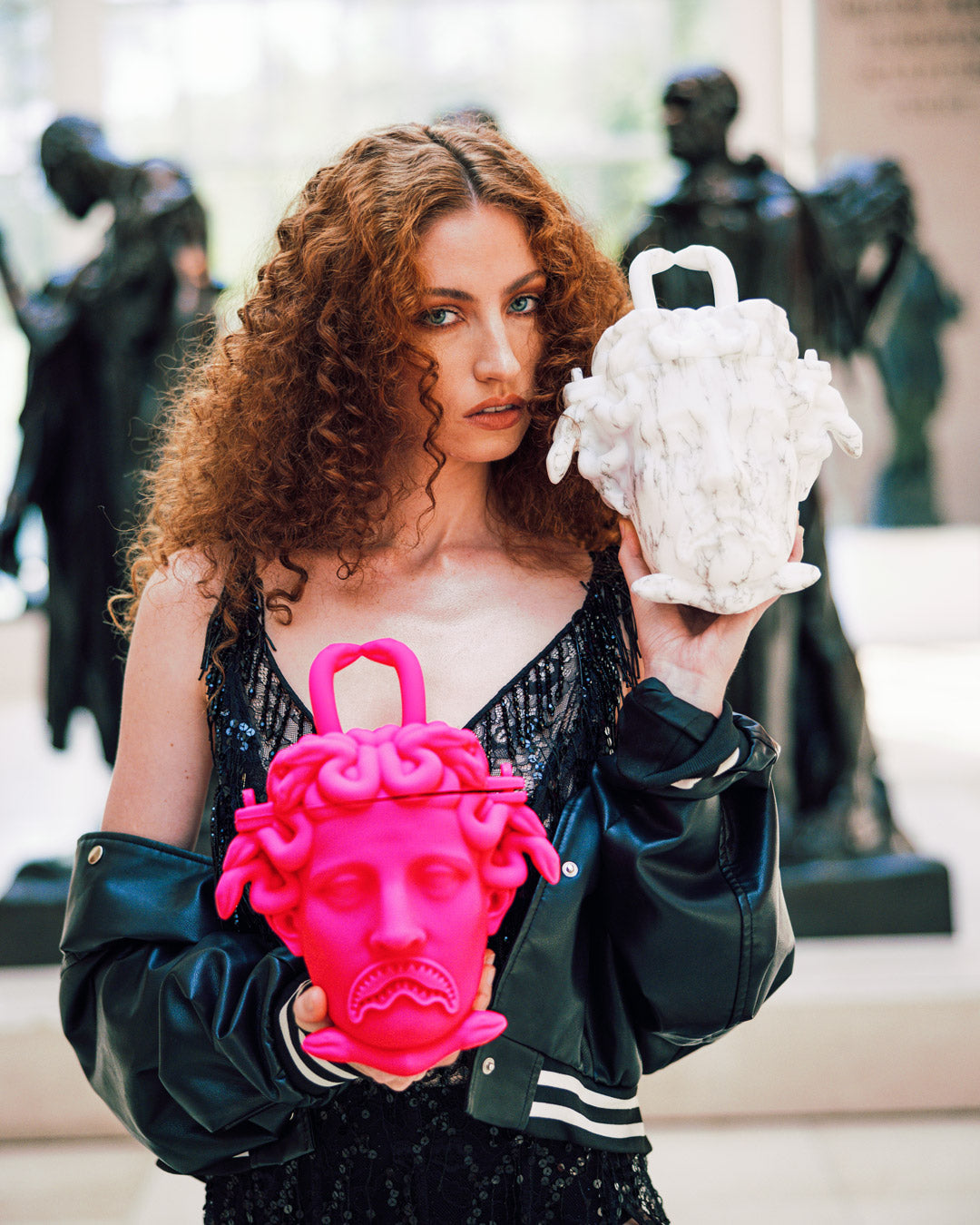 Medusa handbag with removable keychain and Spraygrounds signature shark mouth