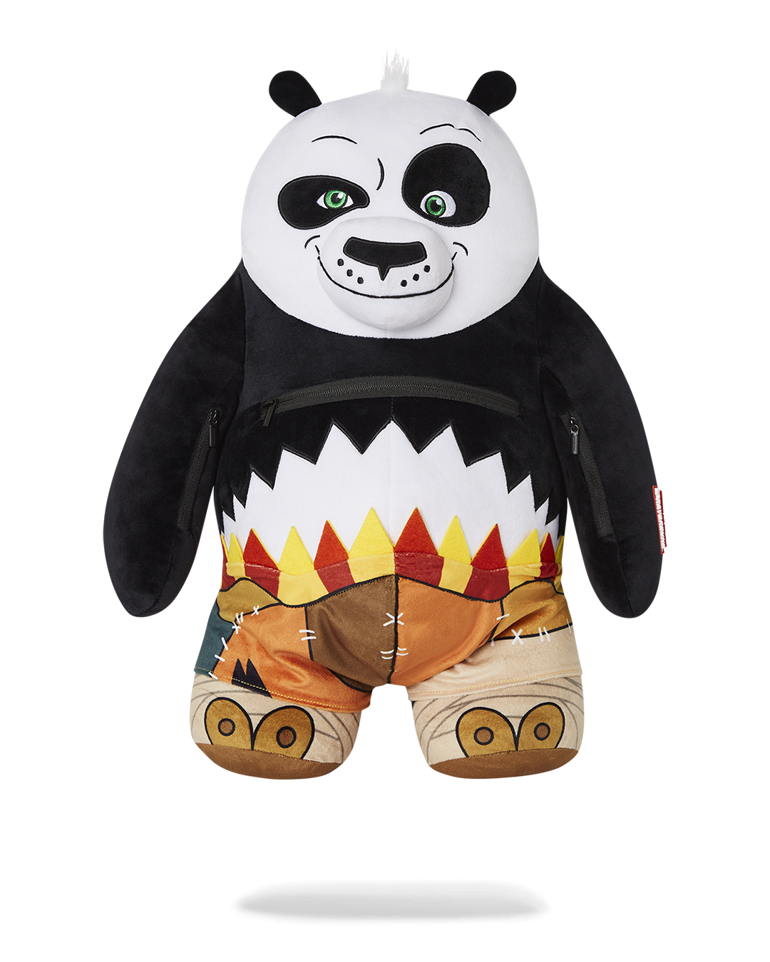 Front view of the teddy bear backpack with zippered belly pocket shown in streetwear setting