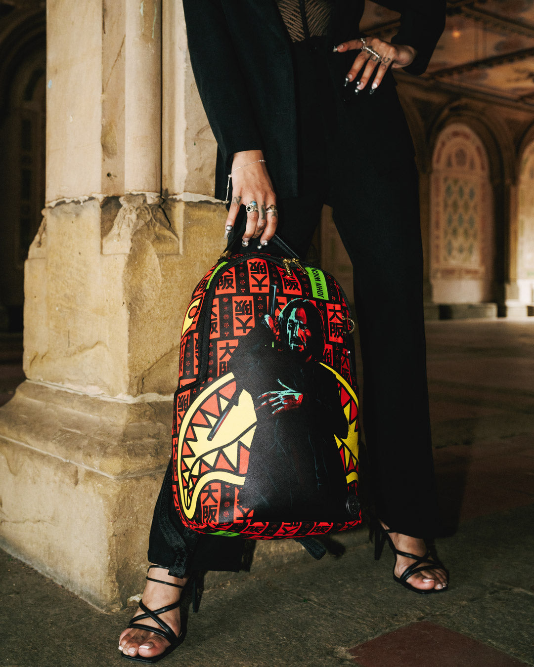 Peak Design Travel Backpack - John Wick Edition front view, showcasing the graphic design and Hotel Key Puller