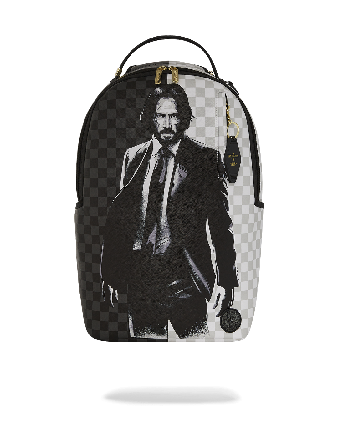 John Wick backpack showcasing faux leather and coin emblem detail