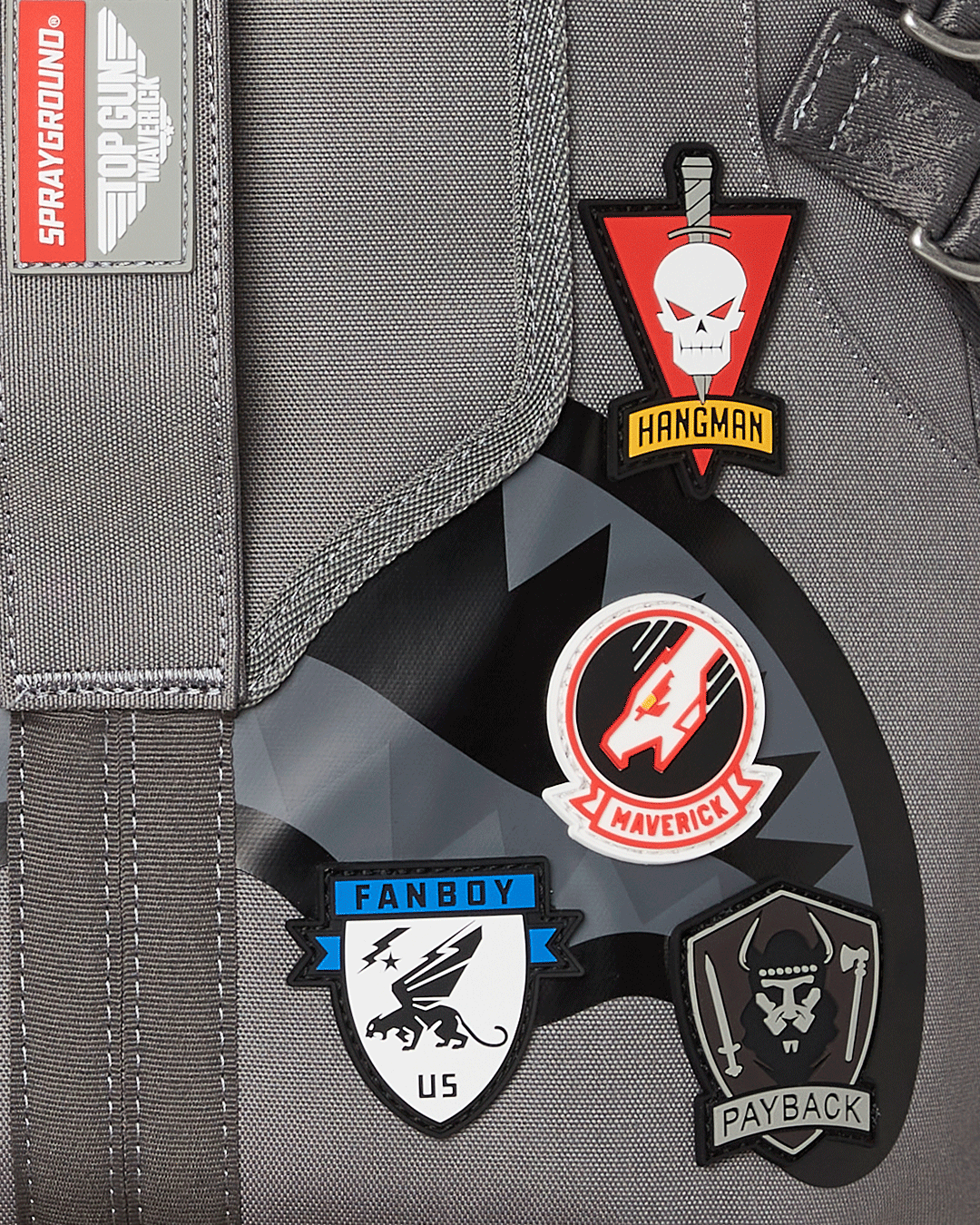 Front view of the Top Gun pilot backpack with rubber patch details.