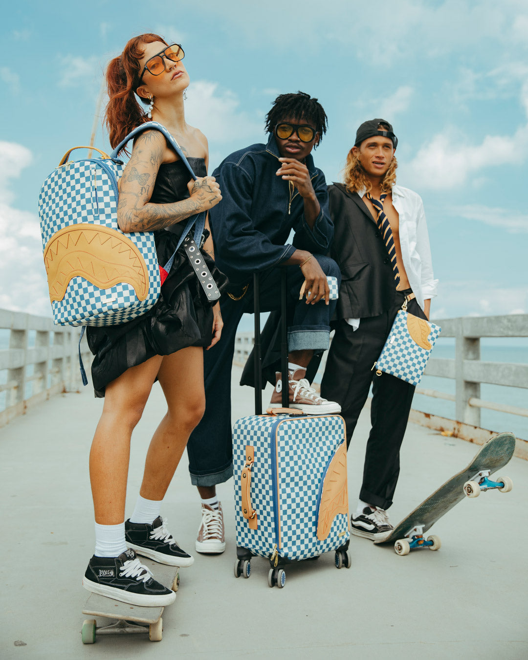 Sprayground shark backpack worn casually with streetwear
