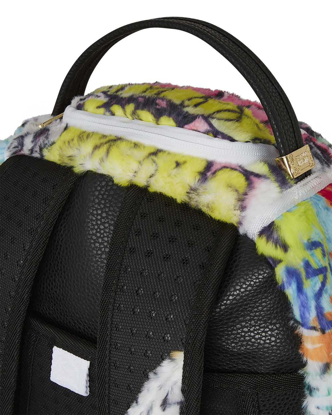 Front view of Graffiti Luxe Faux Leather Backpack showing graffiti design.