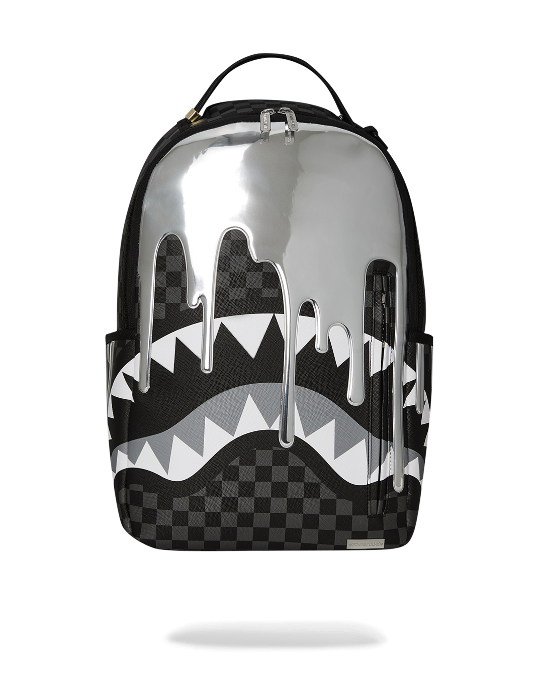 Side profile of the ghost drip backpack showing gold zipper and smooth faux leather finish