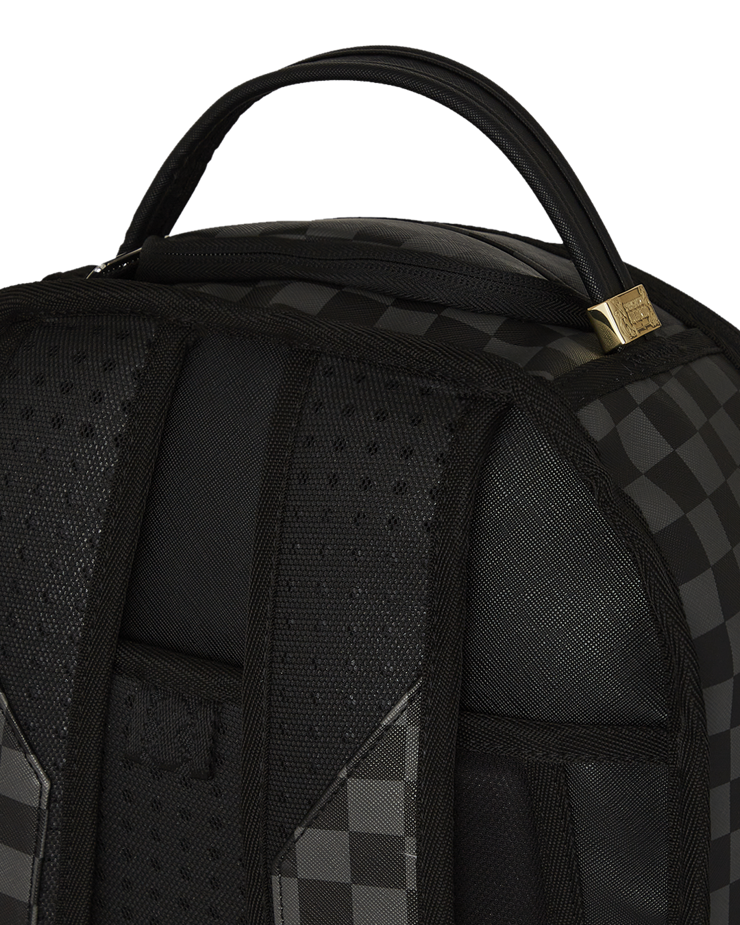 Backpack with side pockets and gold zippers, ideal for travel.