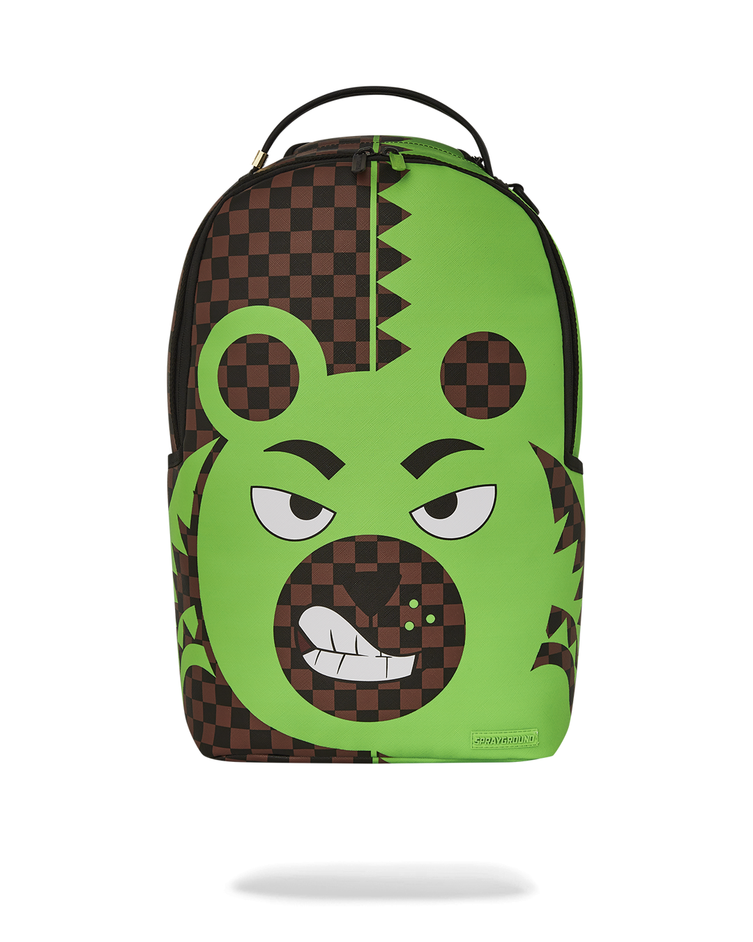 Sprayground Money Bear backpack worn casually over one shoulder, showcasing faux leather texture.