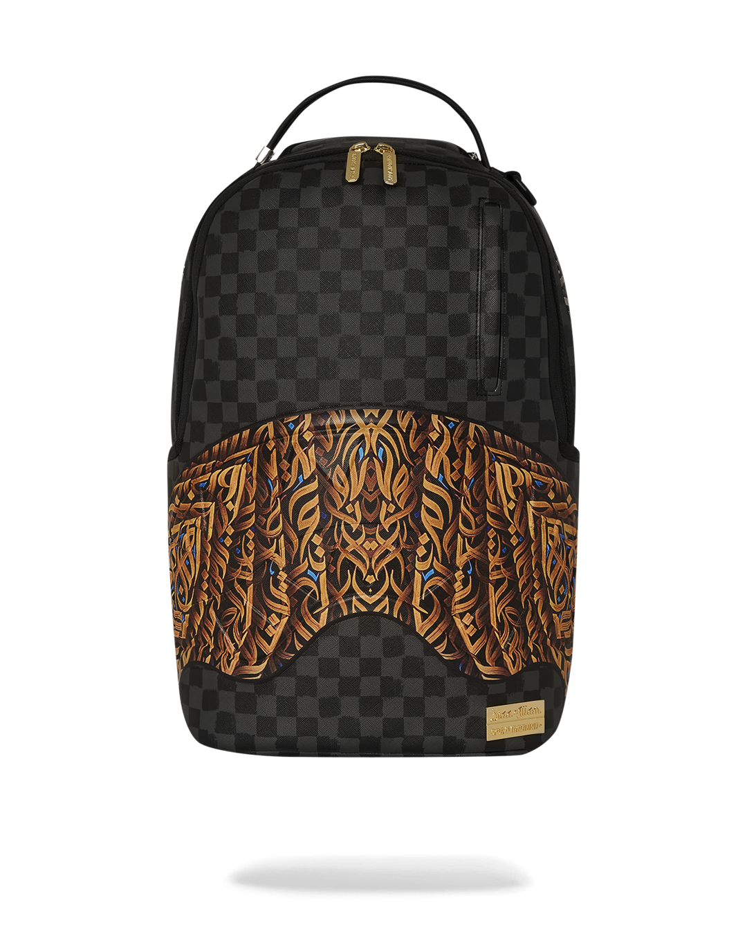 Diaa Allam Seeking Perfection Backpack front view showcasing faux leather and gold zippers