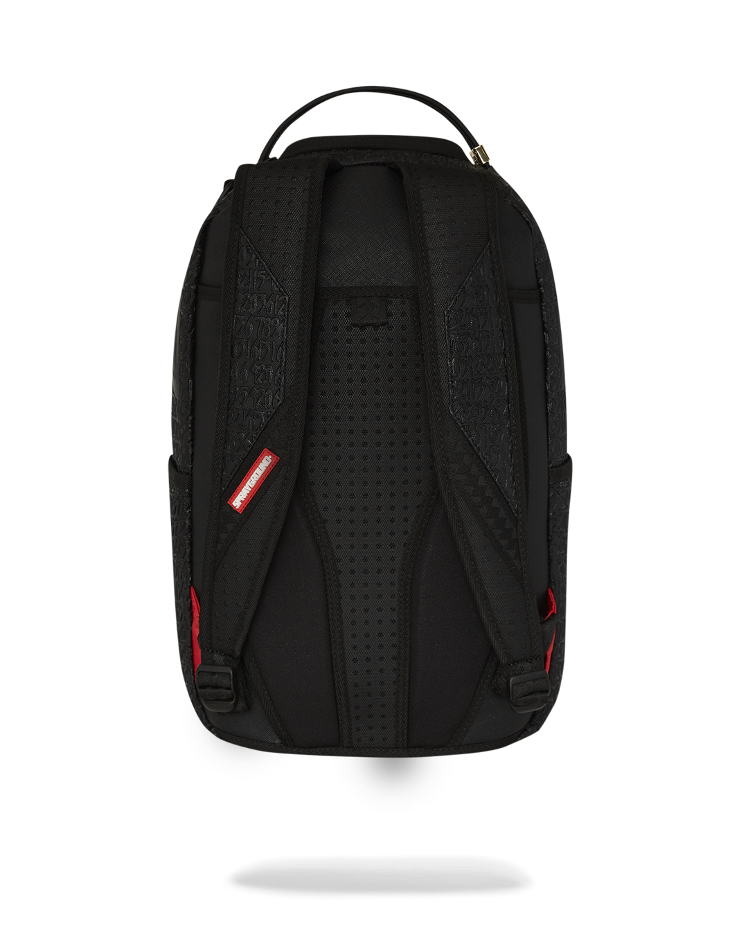 Front view of the HyperDimension leather laptop backpack with embossed faux leather and gold hardware