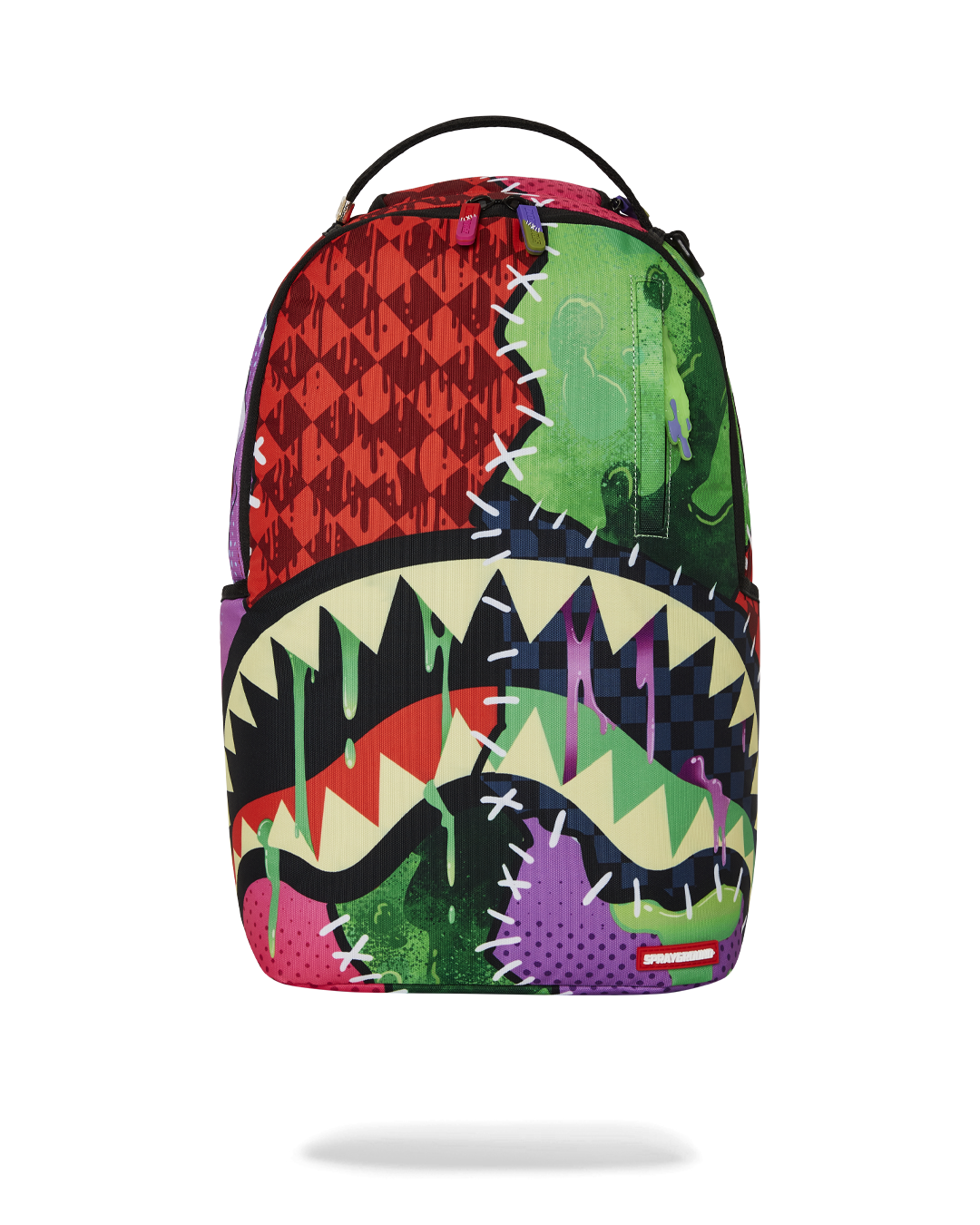 Close-up of the zombie sharkpocalypse backpack's front zipper pocket and gold hardware