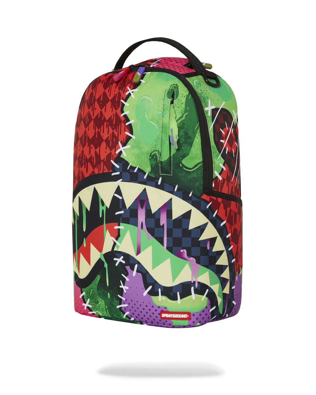 Close-up of the zombie sharkpocalypse backpacks front zipper pocket and gold hardware