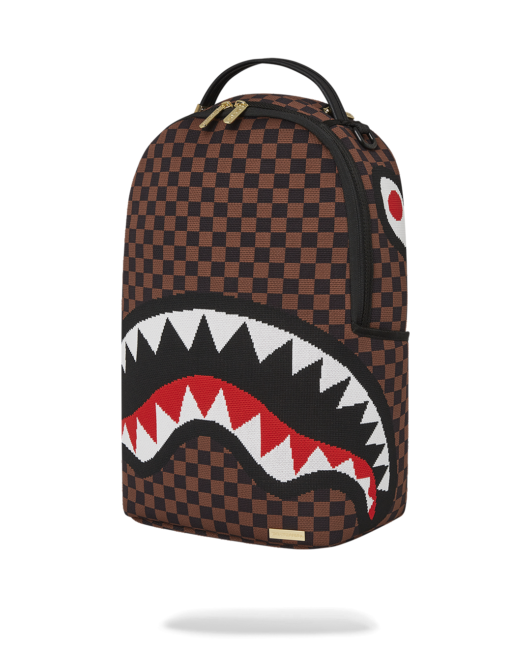 Side angle of the clear Sprayground backpack with ergonomic straps and gold zippers.