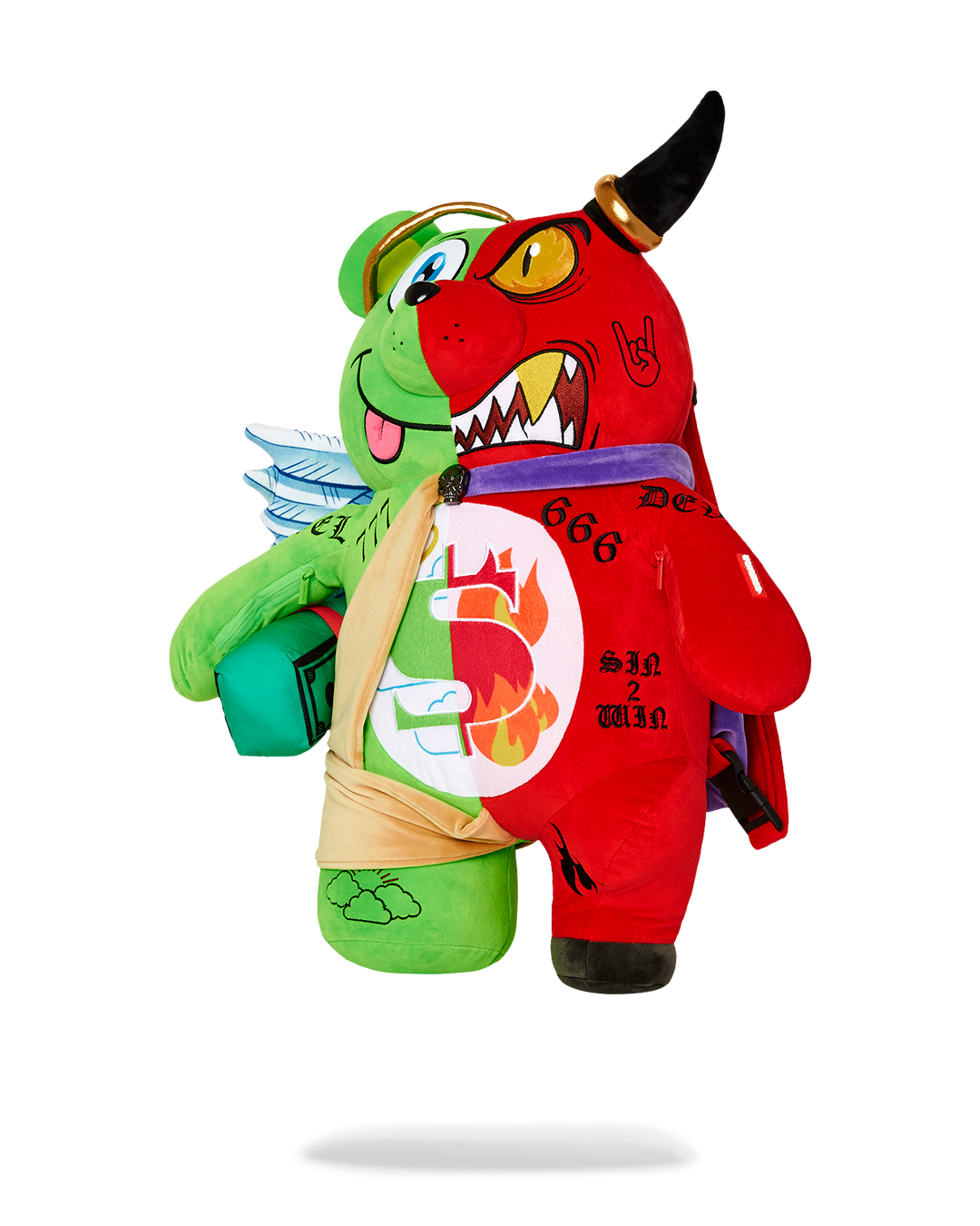 Front view of the cute teddy bear backpack showcasing its zippered pockets.
