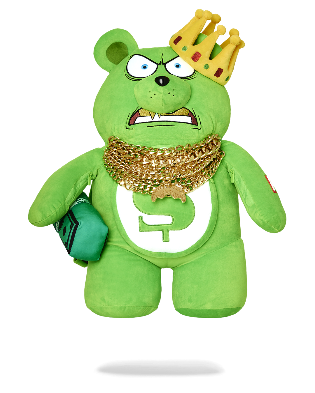 Front view of the sprayground teddy bear backpack with chains, showcasing its playful design and size.