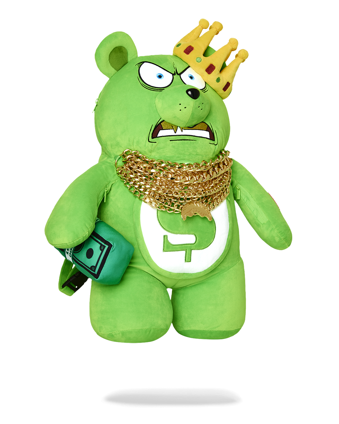 Side angle showing the large back pocket and chain details on the teddy bear backpack
