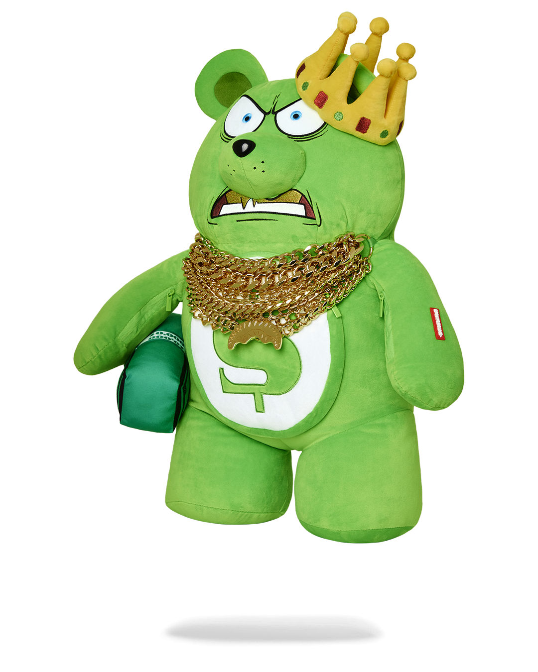 Side angle showing the large back pocket and chain details on the teddy bear backpack